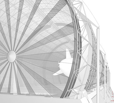 Ein viergliedriges Getriebe ermöglicht den Öffnungsvorgang der freitragenden Halle