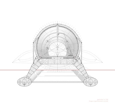 Im Schnitt zeigen sich die gegenläufigen Bewegungen des Hallendaches und der Plattform